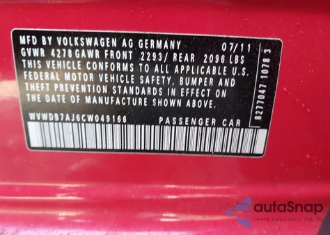 2012 Volkswagen Golf 2.5L 4-Door z USA, uszkodzony, nr VIN WVWDB7AJ6CW049166